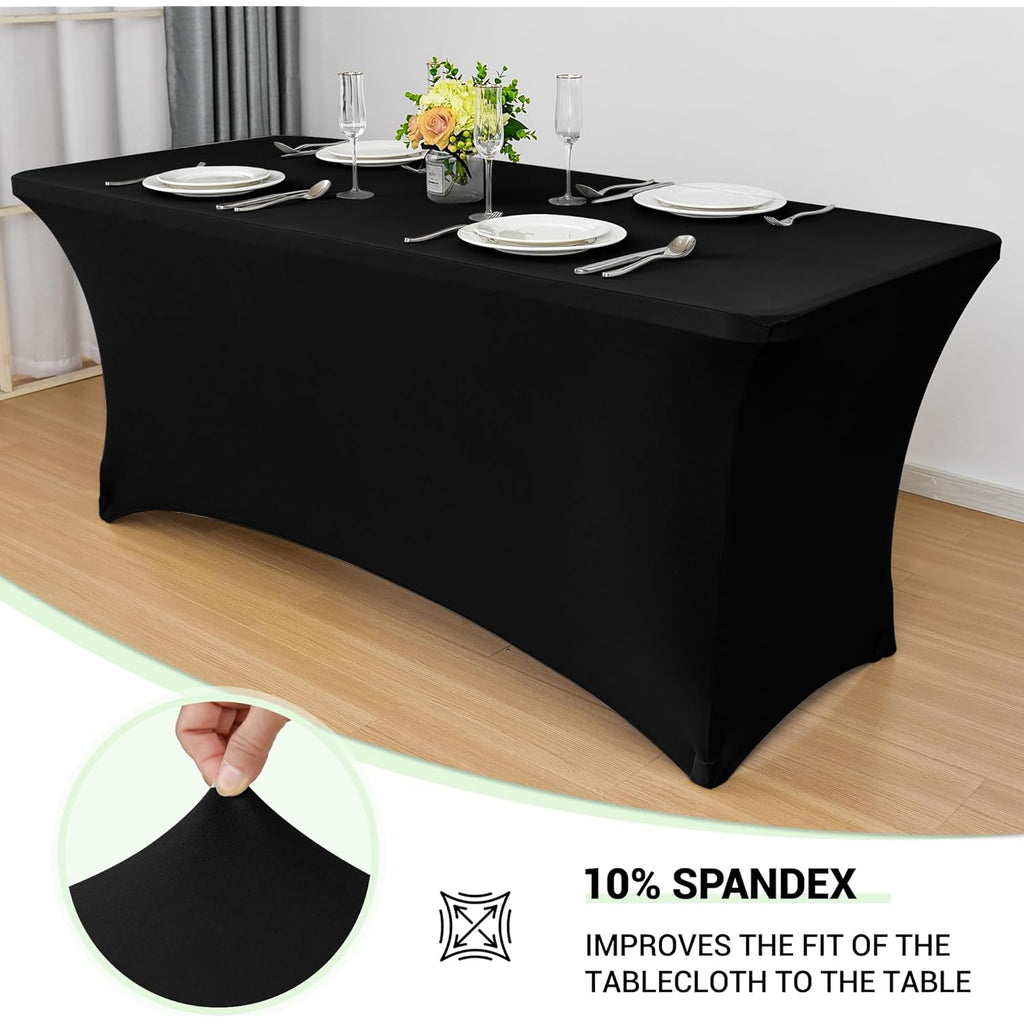 Obstal 6ft Stretch Black Spandex Table Cloth for Standard Folding Tables - 2 Pack Universal Rectangular Fitted Tablecloth Protector for Wedding, Trade Show, Vendor Stand