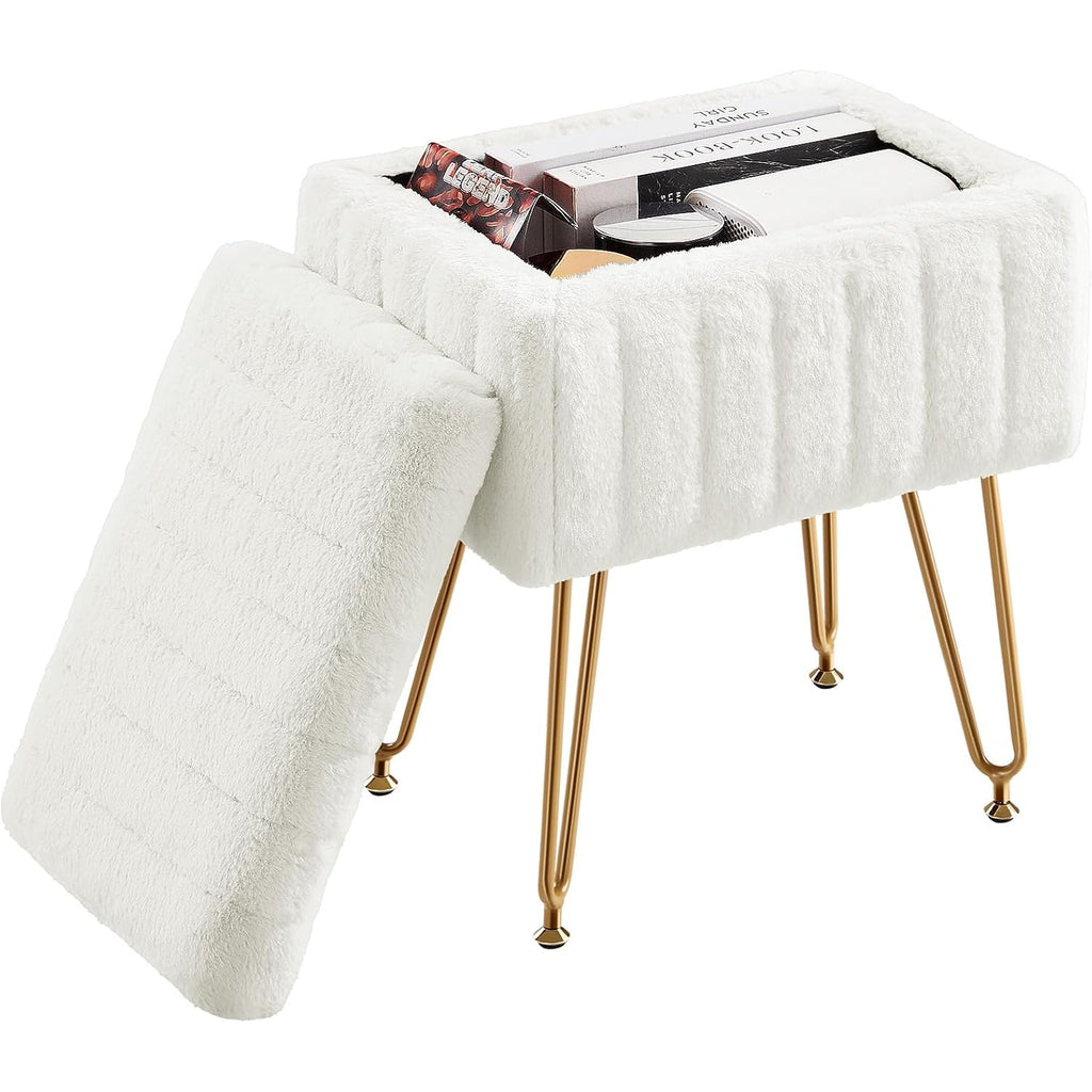 Dumos Vanity Stool Chair Ottoman With Storage, Makeup Cute Soft Small Footstool Modern Style Faux Fur Seat With 4 Metal Legs & Adjustable Feet For Dressing Living Room Bedroom Dorm