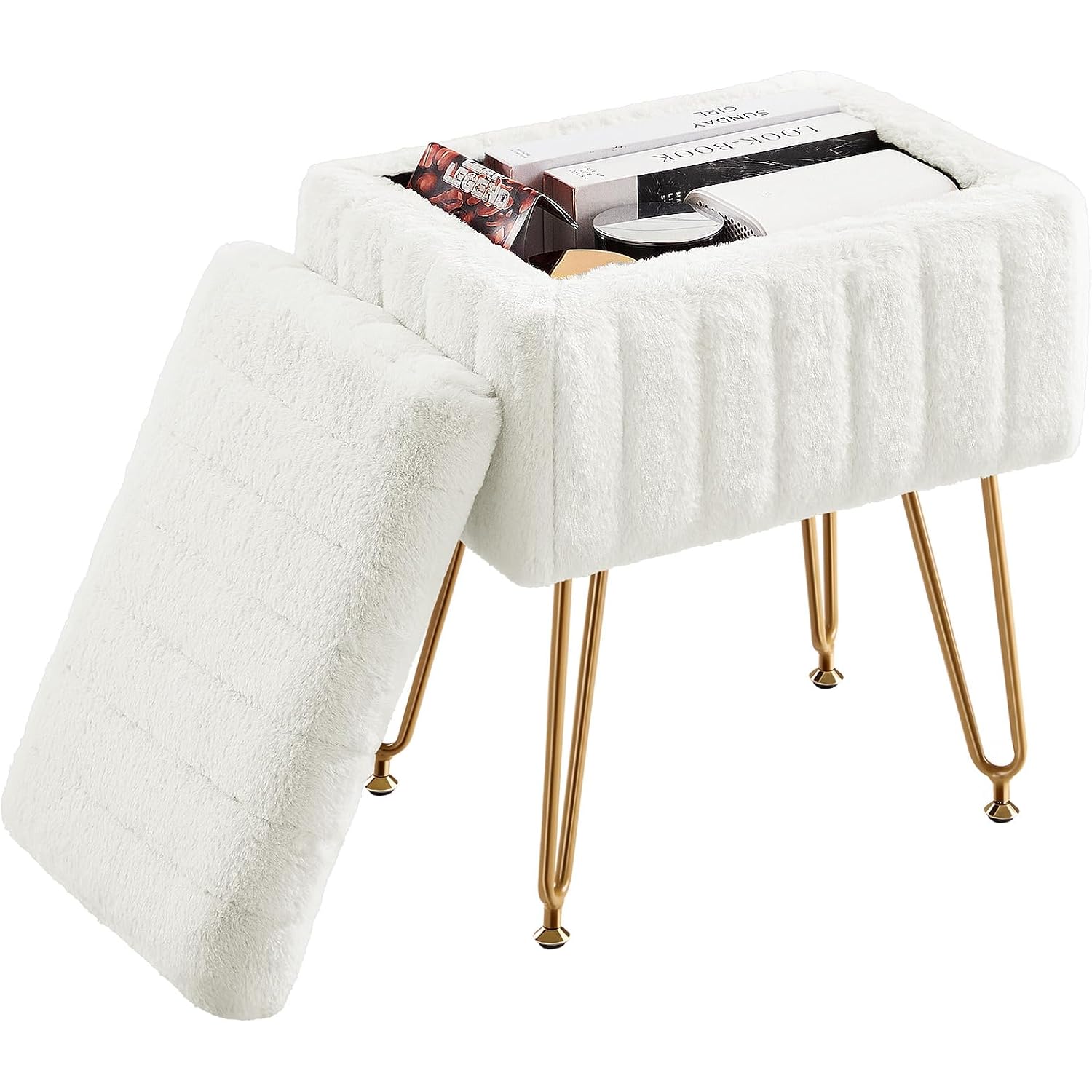 Dumos Vanity Stool Chair Ottoman With Storage, Makeup Cute Soft Small Footstool Modern Style Faux Fur Seat With 4 Metal Legs & Adjustable Feet For Dressing Living Room Bedroom Dorm