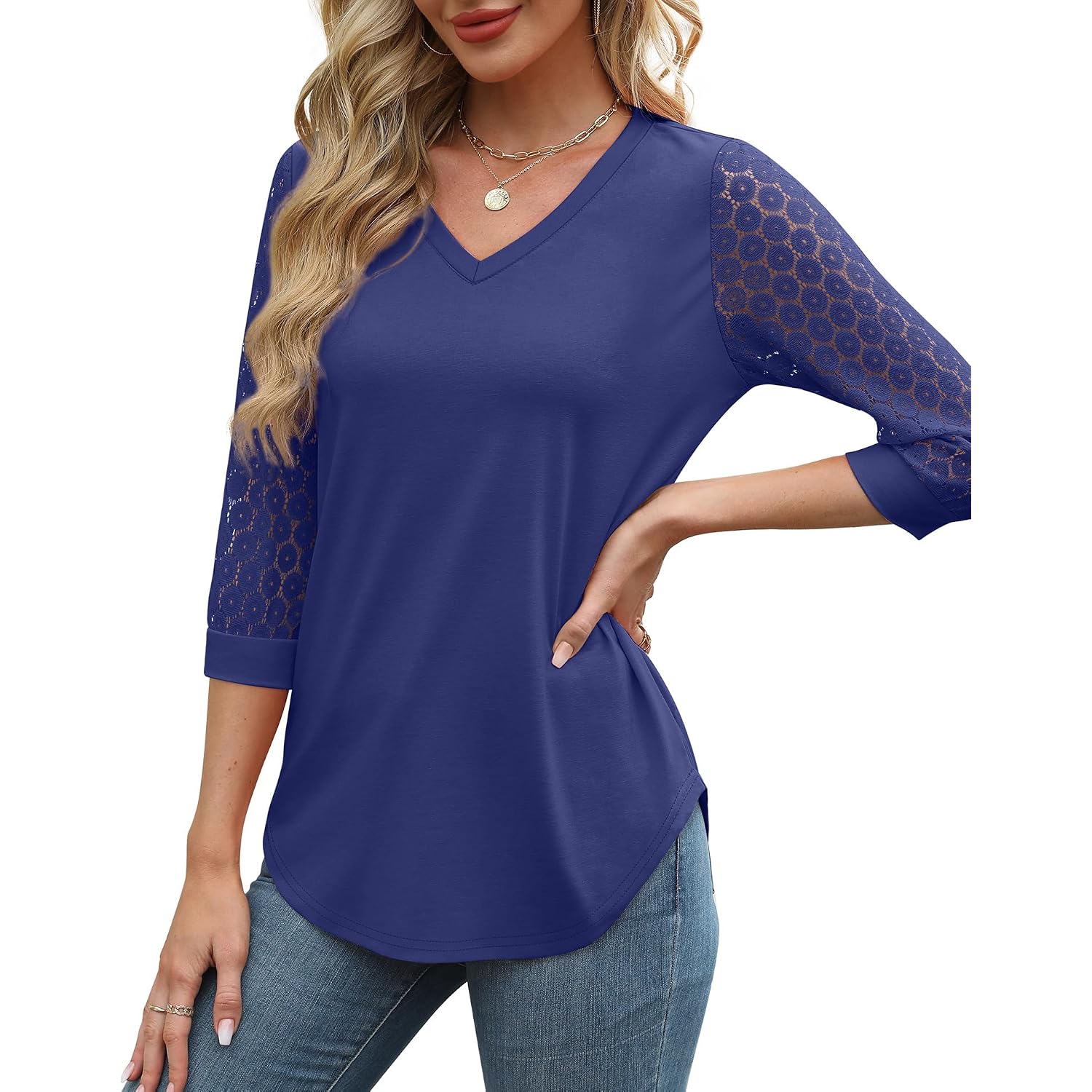 Xieerduo 3/4 Length Sleeve Womens Tops V-Neck Lace Tunic Tops Business Casual Outfits Work Blouses Dressy 2026
