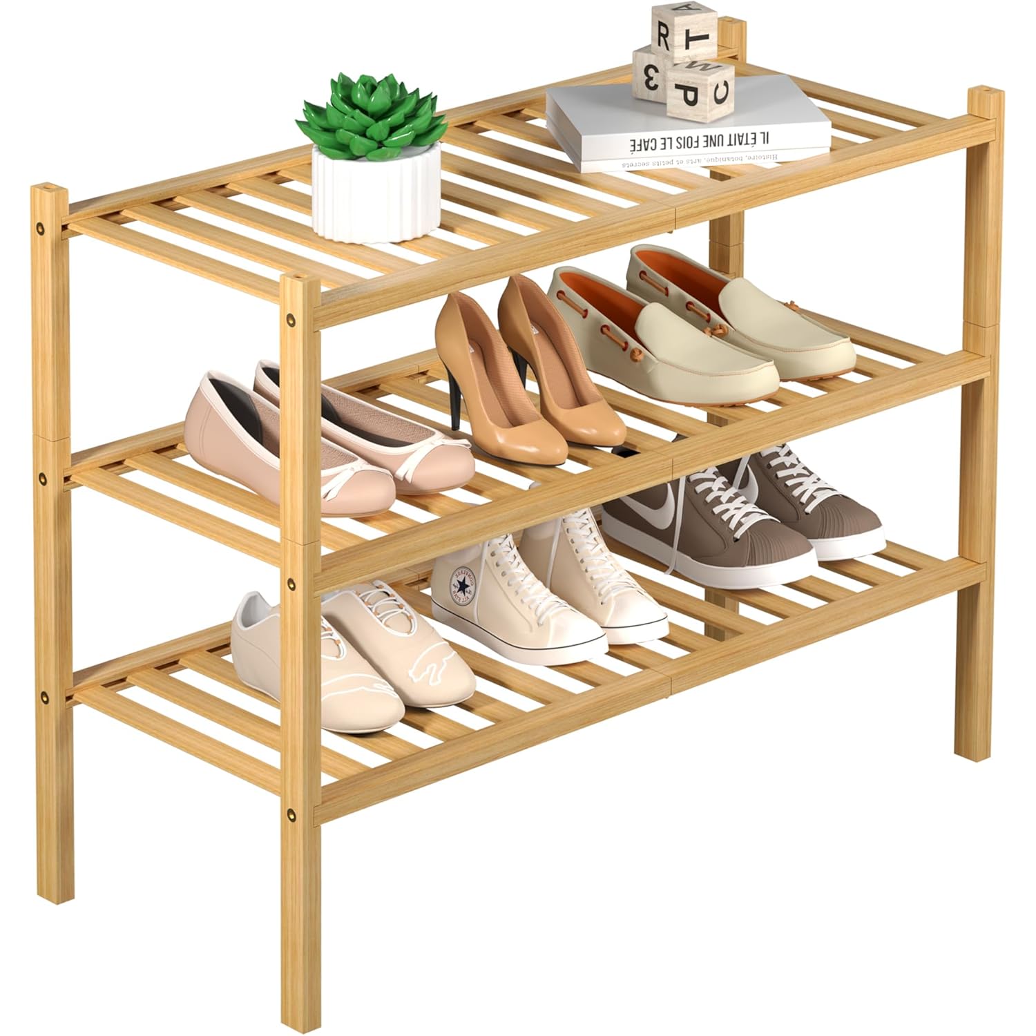 ROMGUAR CRAFT 3 Tier Bamboo Shoe Rack for Closet Free Standing Wood Shoe Shelf Storage Organizer for Entryway Small Space Stackable 27"x11"x20" (Natural)