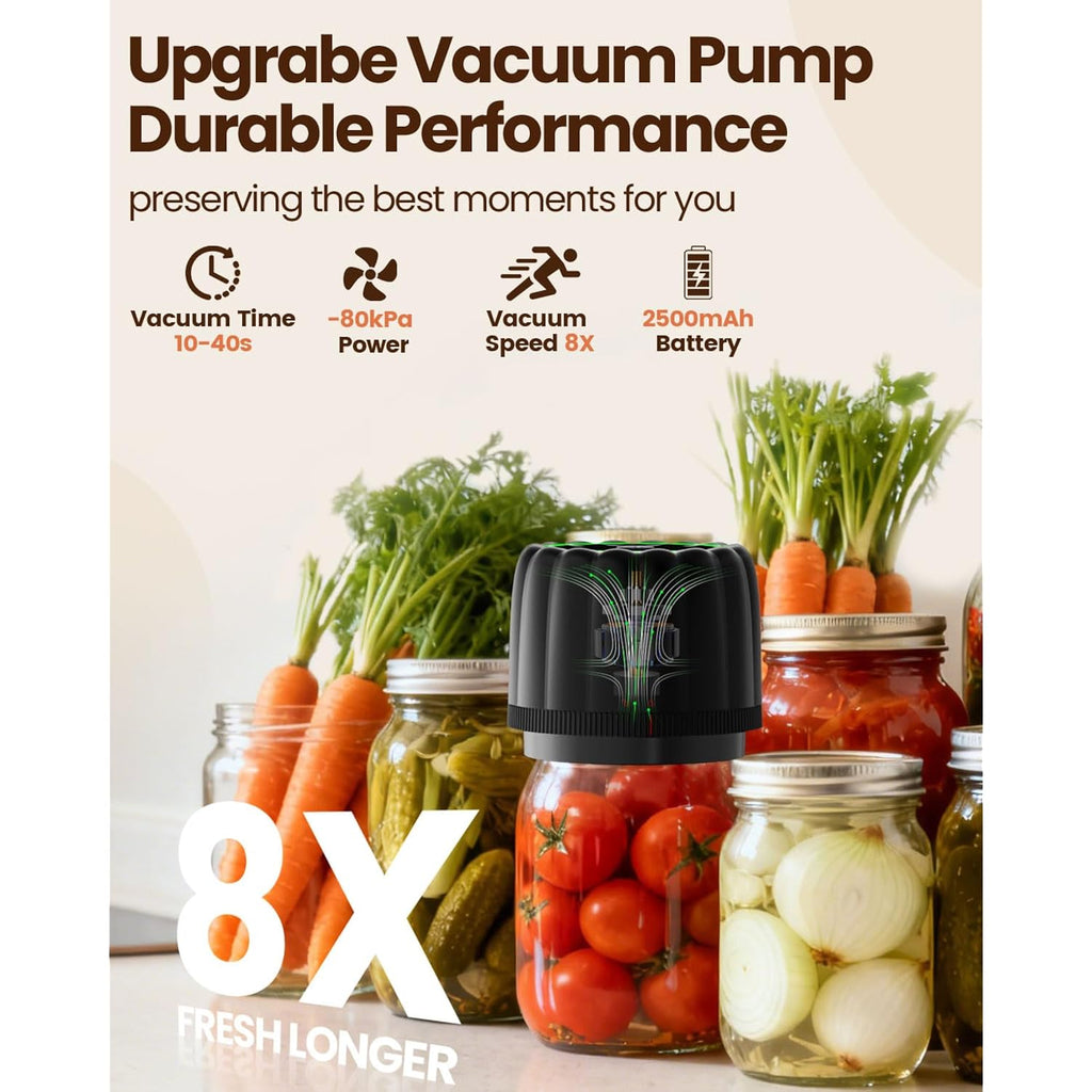 2026 Upgraded Electric Mason Jar Vacuum Sealer Kit with Wide and Regular Mouth Mason Lids -80kpa Automatic Vacuum Pump 2500mAh Battery One Touch Canning Sealing Machine for Food Storage Black