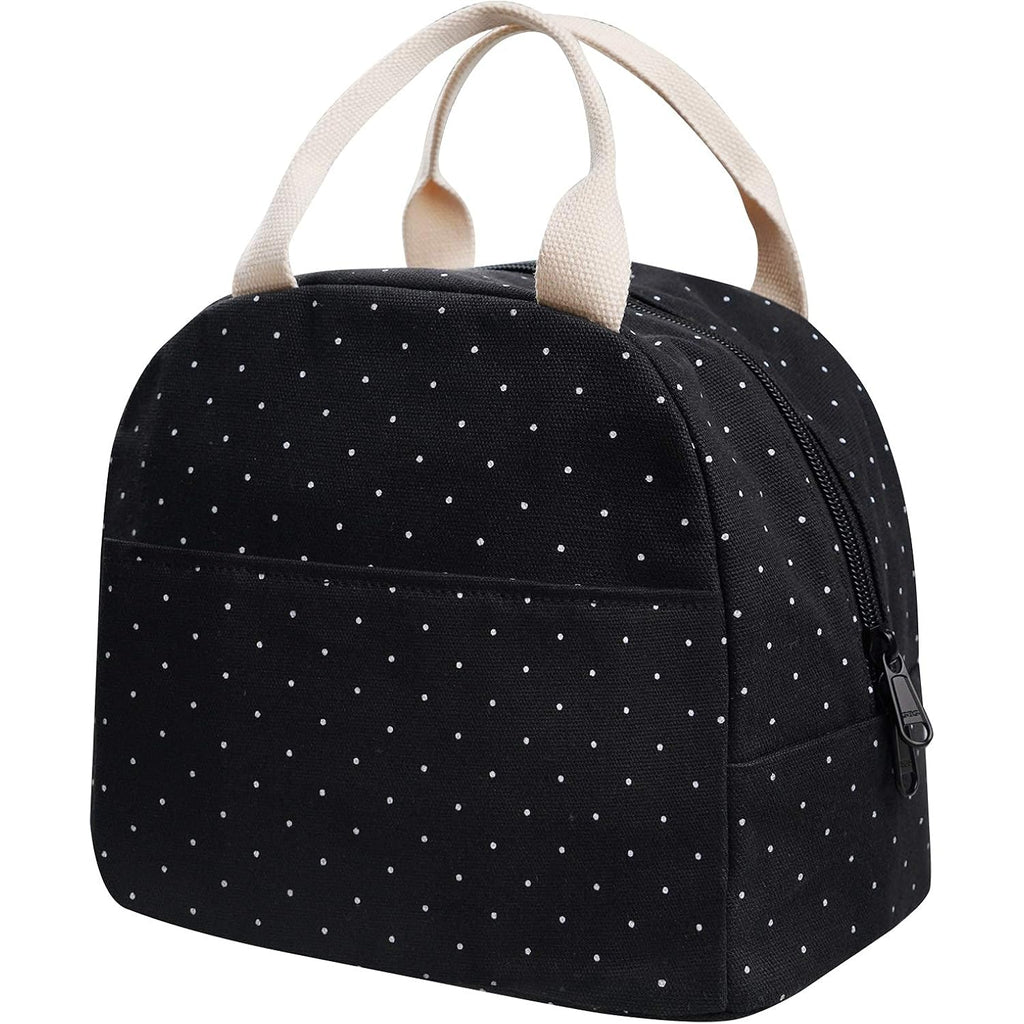 Eurcross Upgraded Compact Black Lunch Bag For Girls Women,Canvas Reusable Insulated Polka Dot Lunch Tote Box Bag For Work School