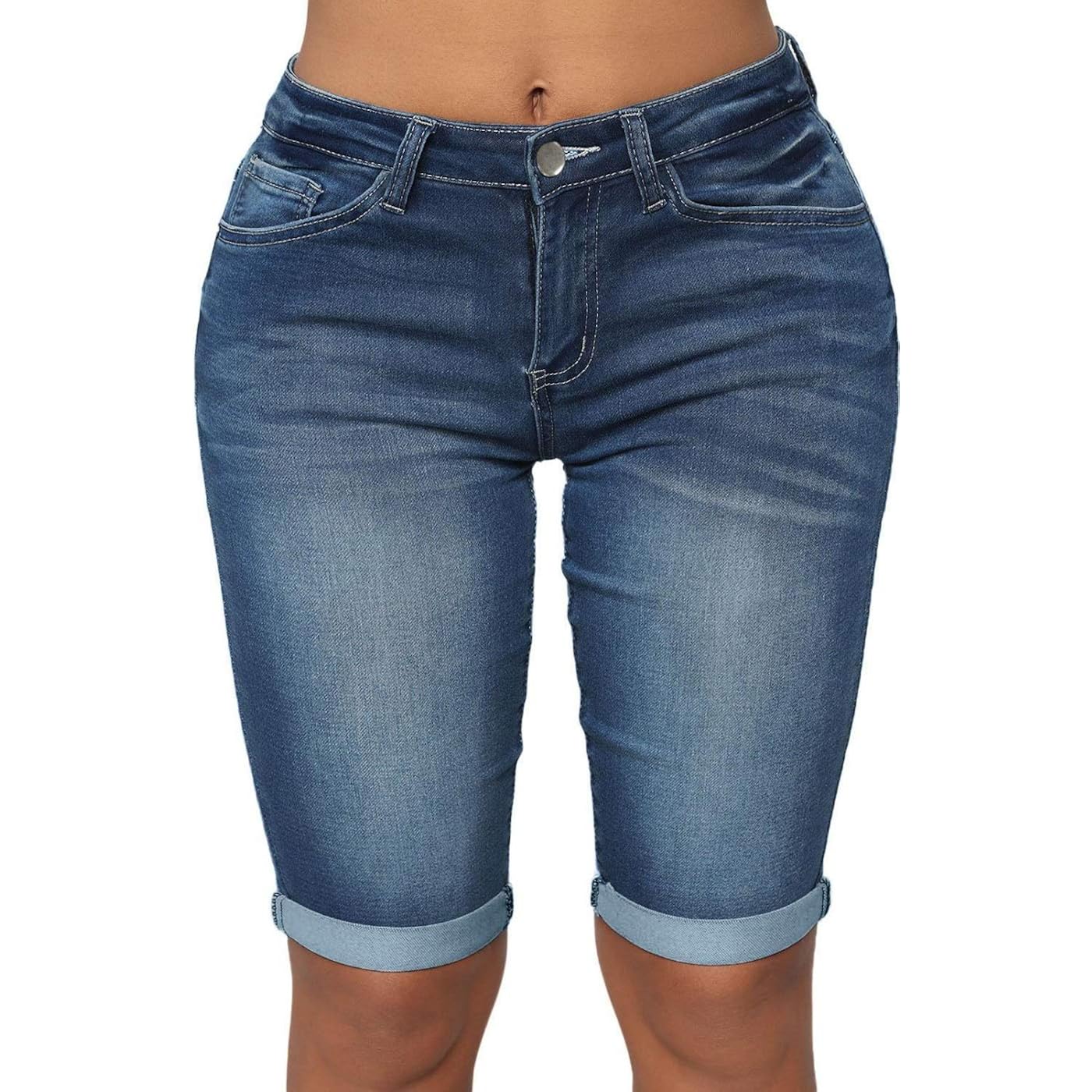 Womens Mid Rise Roll Cuff Bermuda Stretch Denim Jean Shorts
