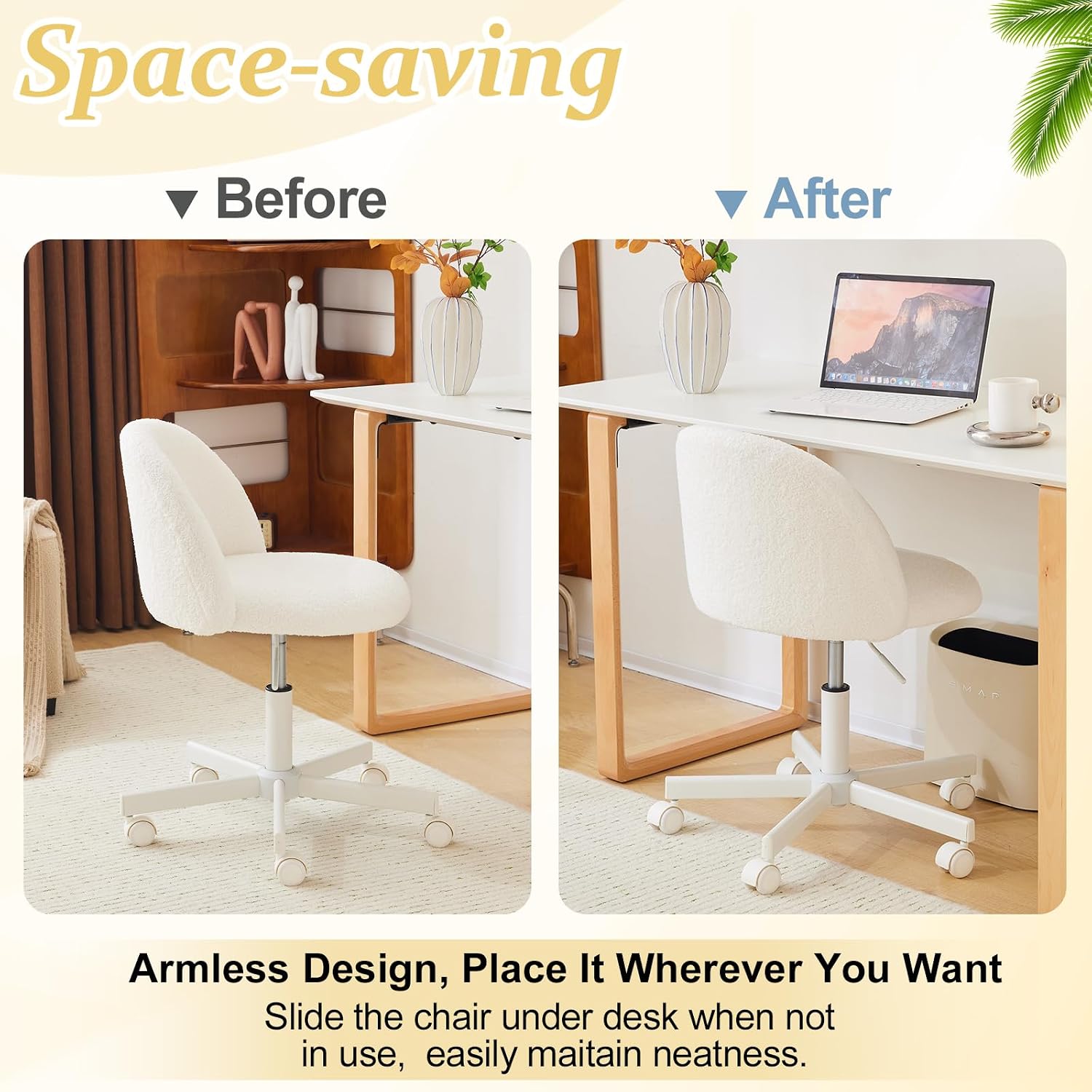 Vingli Modern Vanity Chair With Back, Velvet Desk Chair For Girls, Small Office Chair With Silent Wheels， Stylish And Comfortable, White