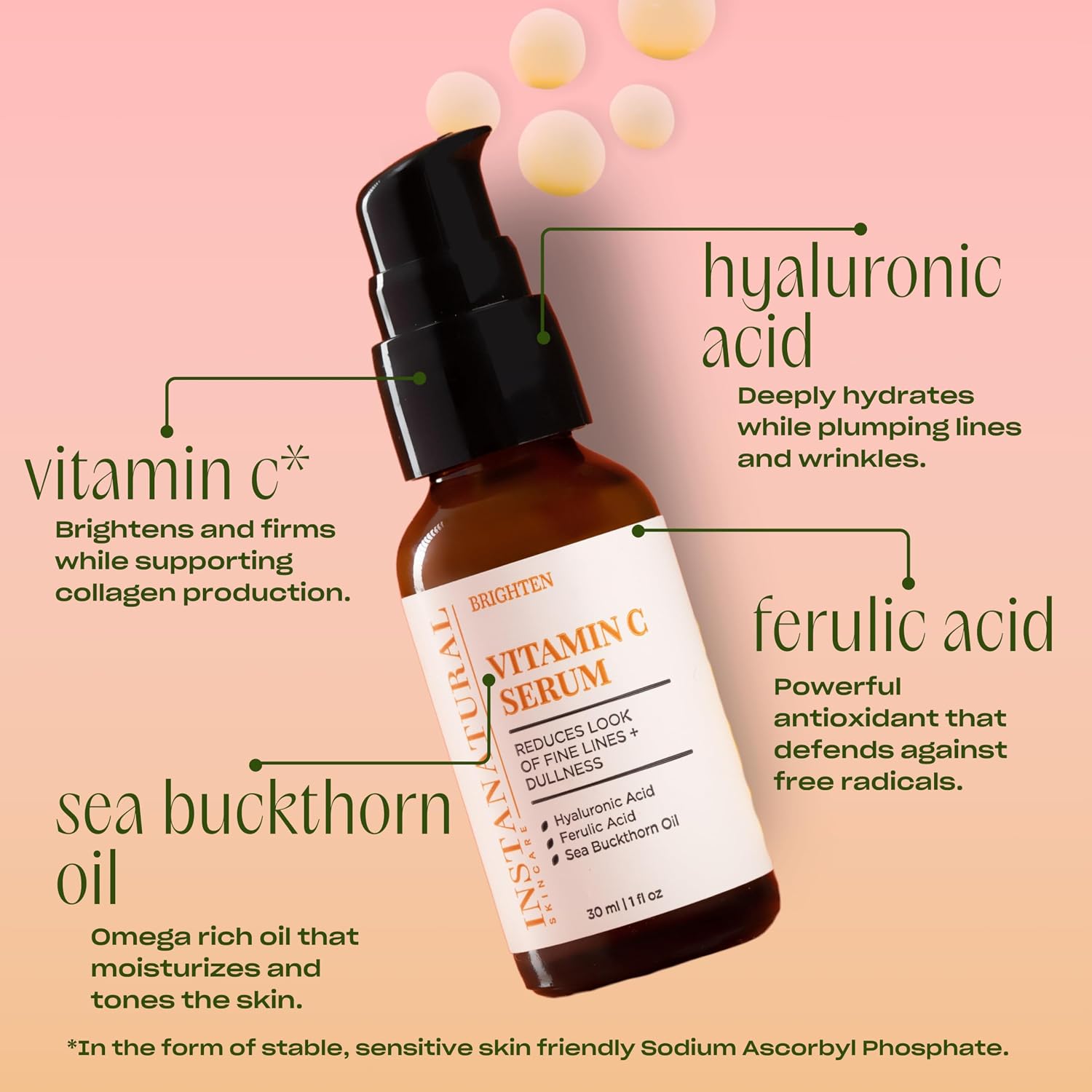 Instanatural Vitamin C Face Serum, Brightens, Hydrates And Reduces Signs Of Aging, With Vitamin C, Hyaluronic And Ferulic Acid, 1 Fl Oz