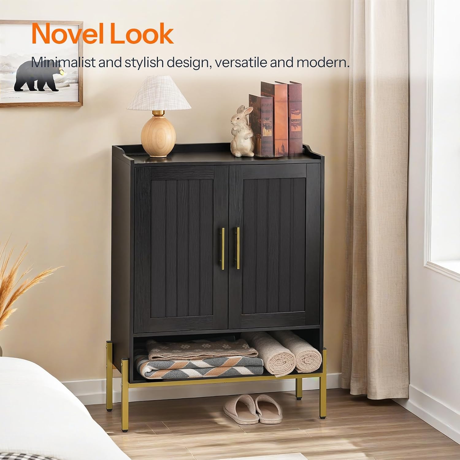 Hoobro Shoe Cabinet, 5-Tier Shoe Storage Organizer With Doors, Wooden Shoe Cabinet Storage For Entryway, Freestanding Shoe Rack Cabinet With 3 Adjustable Shelves For Hallway, Gold And Black Db41Sc01