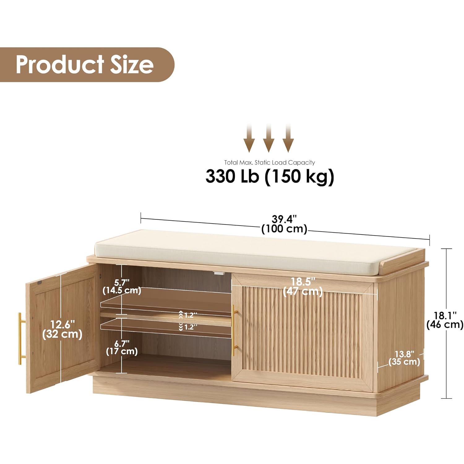 39.4" Fluted Shoe Storage Bench 2 Doors Wooden Entryway Bench Oak | 2 Tier Shoe Bench With Padded Cushion, Adjustable Shelves And 2 Doors, Curved Profile, For Hallway, Living Room, Bedroom