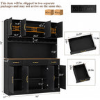 Black 72" Tall Kitchen Pantry Cabinet With Charging Station 55" Wide Hutch Cabinet With Led Light And Countertop Large Kitchen Cabinet With Adjustable Shelves And Wine Rack