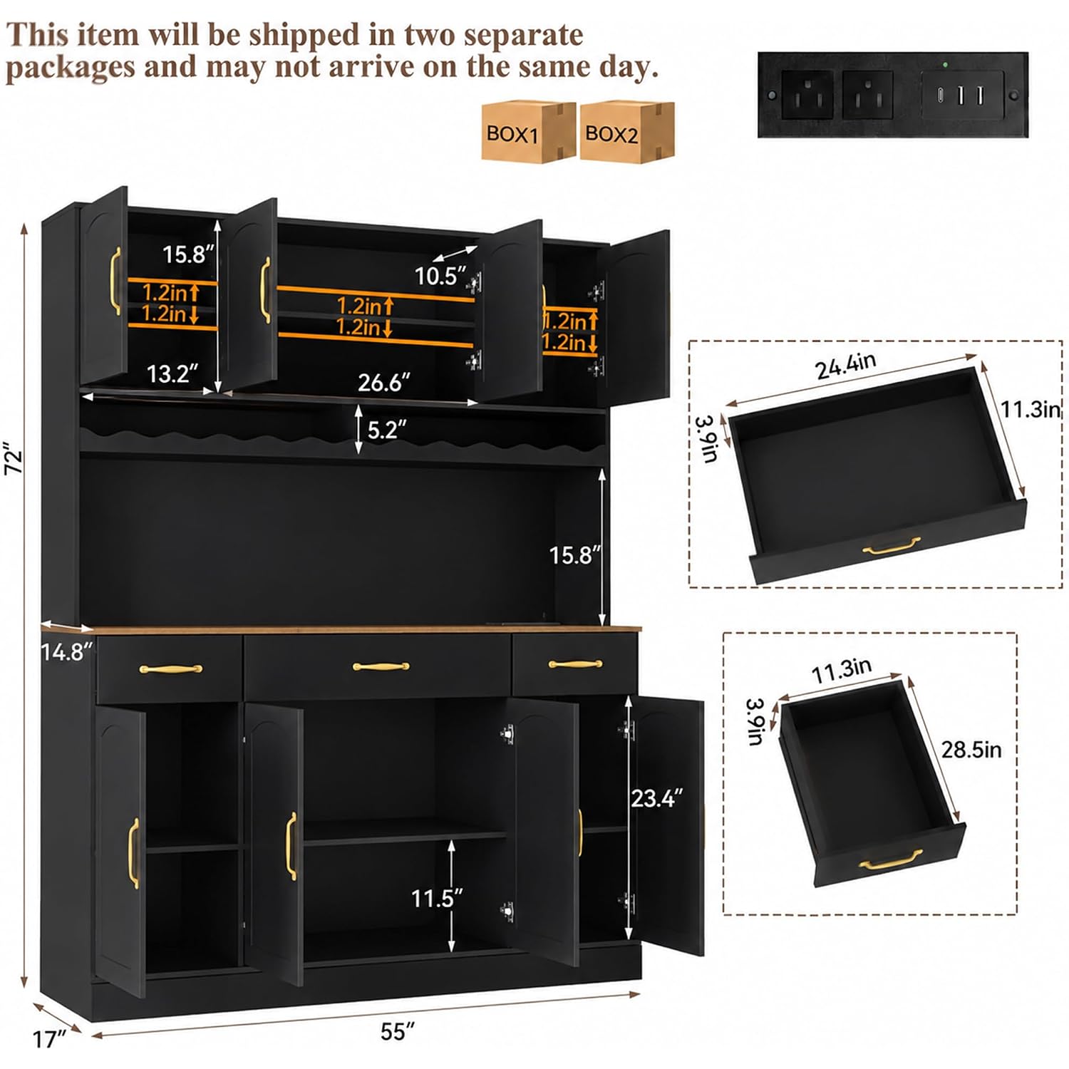 Black 72" Tall Kitchen Pantry Cabinet With Charging Station 55" Wide Hutch Cabinet With Led Light And Countertop Large Kitchen Cabinet With Adjustable Shelves And Wine Rack