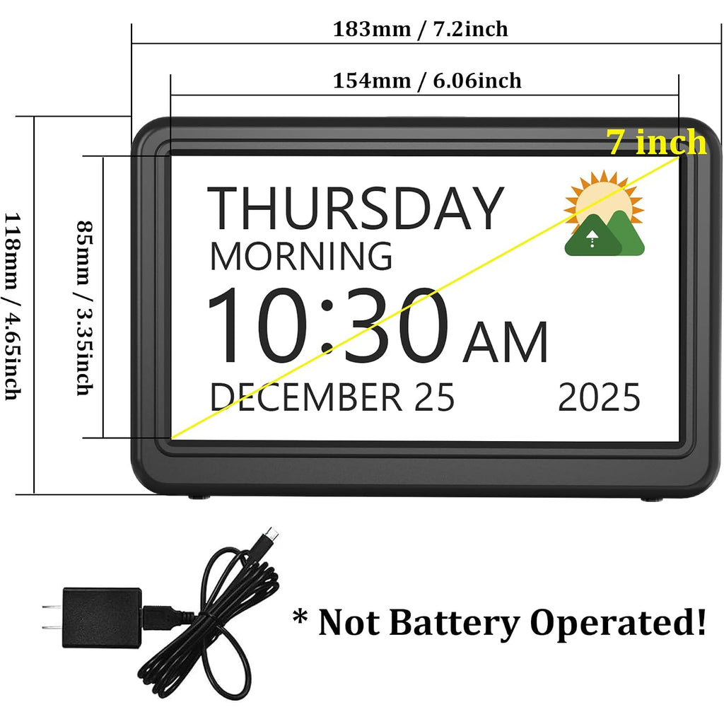 Clock With Day And Date For Elderly, 7" Large Display Digital Calendar Day Clock With 20 Custom Alarms And Medicine Reminders, Dimmable Dementia Alzheimers Clocks For Seniors, Black (Ac Powered)