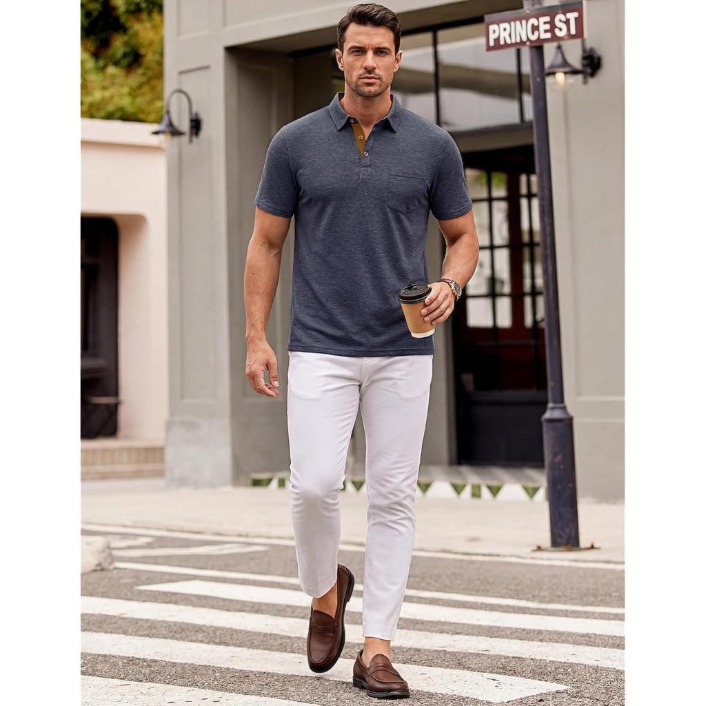 Men'S Polo Shirts Short Sleeve Casual Summer Cotton Shirts For Men Performance Collared Golf Shirts With Pocket