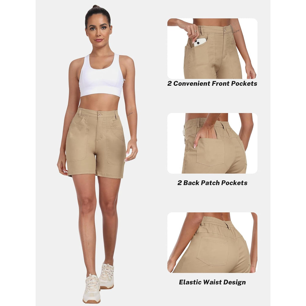 Women's Cotton Bermuda Cargo Shorts 5" Casual Summer Elastic Waist Trouser Shorts with Pockets