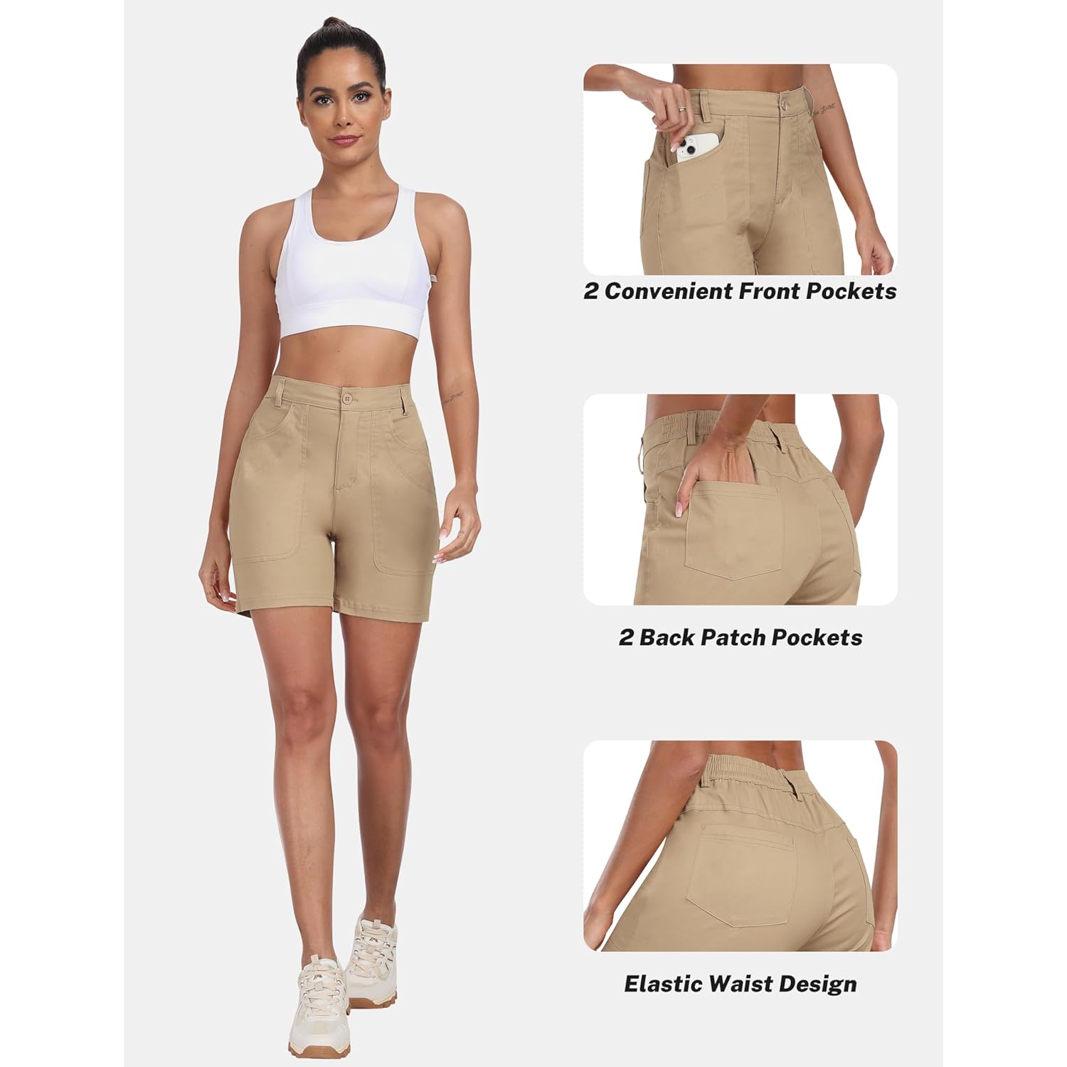 Women's Cotton Bermuda Cargo Shorts 5" Casual Summer Elastic Waist Trouser Shorts with Pockets