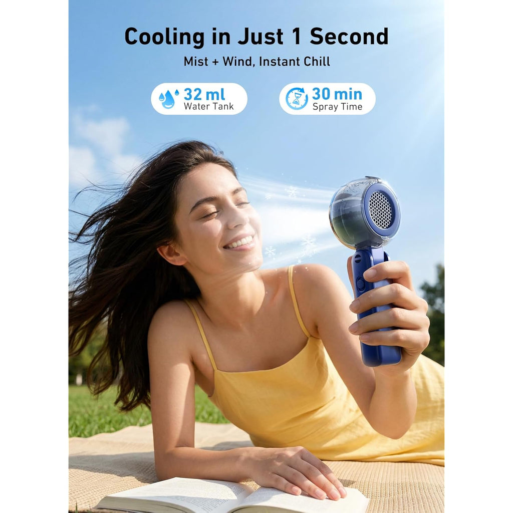 Portable Handheld Misting Fan, 4000Mah Rechargeable 3-In-1 Foldable Cooling Turbo Fan, 1-100 Stepless Speed With Water Spray & Led Display, Desk & Neck Personal Fan For Travel Beach Outdoor (Blue)