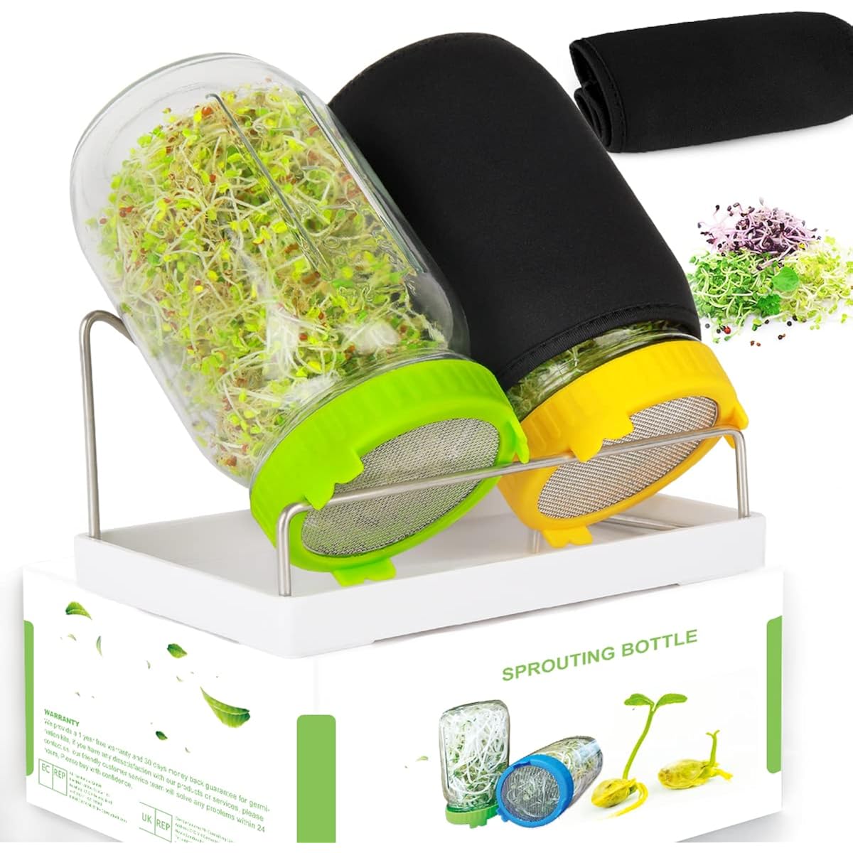 Seed Sprouting Kit, 2 Large Wide Mouth Mason Jars With Sprout Lids, Blackout Sleeves, Drain Tray, Stainless Steel Stand, Sprouts Growing Kit For Bean, Broccoli, Alfalfa (Yellow+Green)