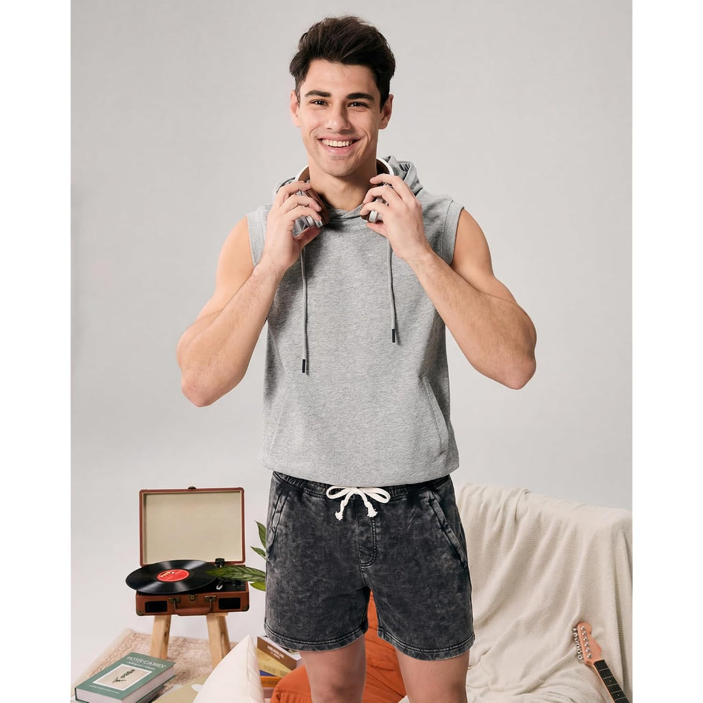 Maamgic Mens Casual Shorts 5/7 Inch Washed Cotton Summer Shorts With Elastic Waist Drawstring And Pockets