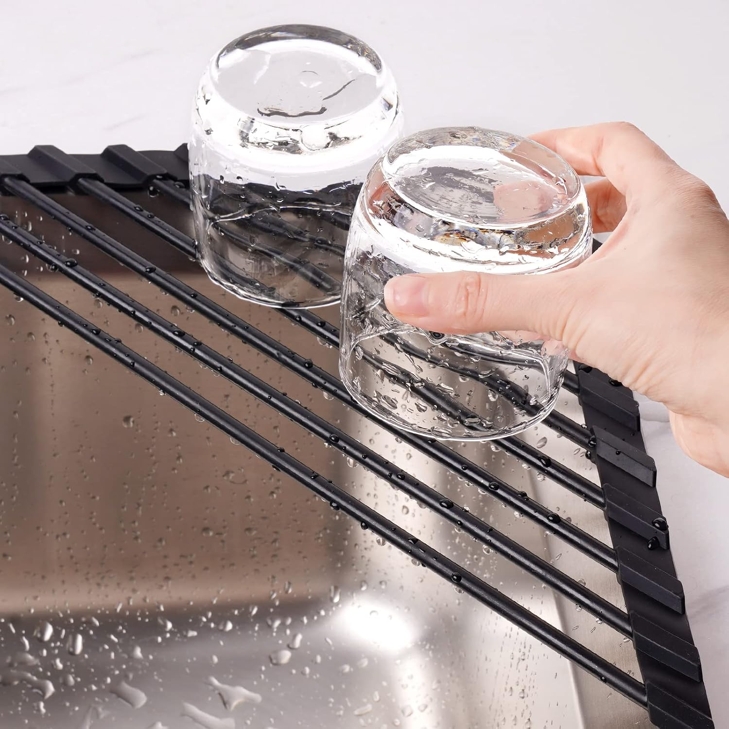 Tomorotec Small Triangle Roll-Up Dish Drying Rack With Silicone Coating Stainless Steel Frame For Sink Corners, Multipurpose Over-The-Sink Kitchen Drainer & Organizer For Space-Saving Storage (Black)