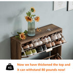 Shoe Cabinet Storage, Modern Freestanding Organizer with 2 Flip Drawers, Narrow Shoe Rack for Entryway, Walnut