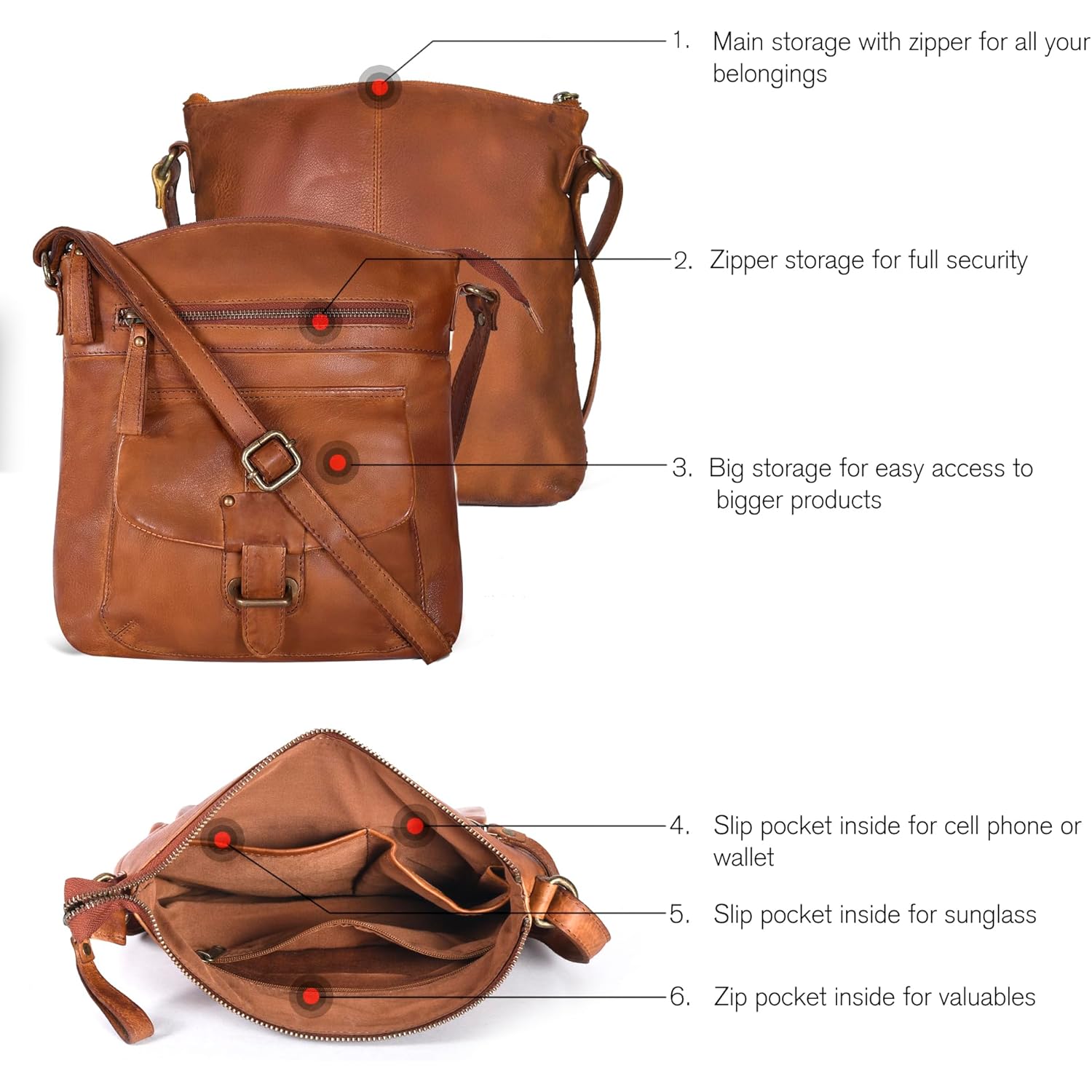 Oak Leathers Leather Crossbody Bag For Women With Adjustable Sling Strap - Medium Size Crossover Shoulder Handbag Purse