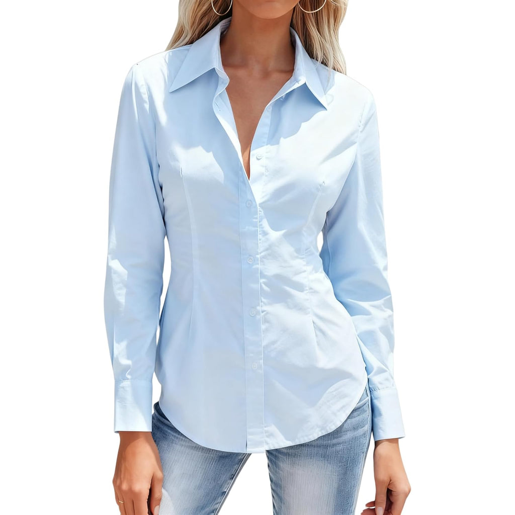 Women's Button Down Long Sleeve Fitted Stretch Dress Shirts Wrinkle Free Work Blouses Collared Business Casual Tops