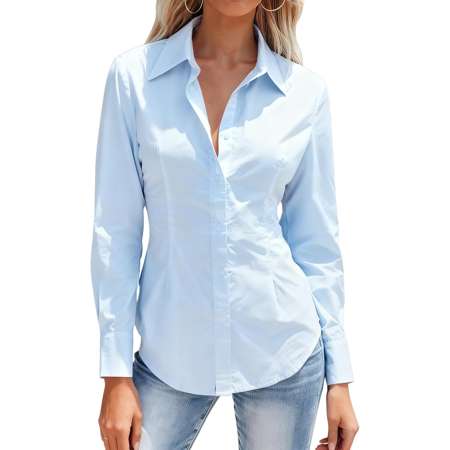 Women's Button Down Long Sleeve Fitted Stretch Dress Shirts Wrinkle Free Work Blouses Collared Business Casual Tops
