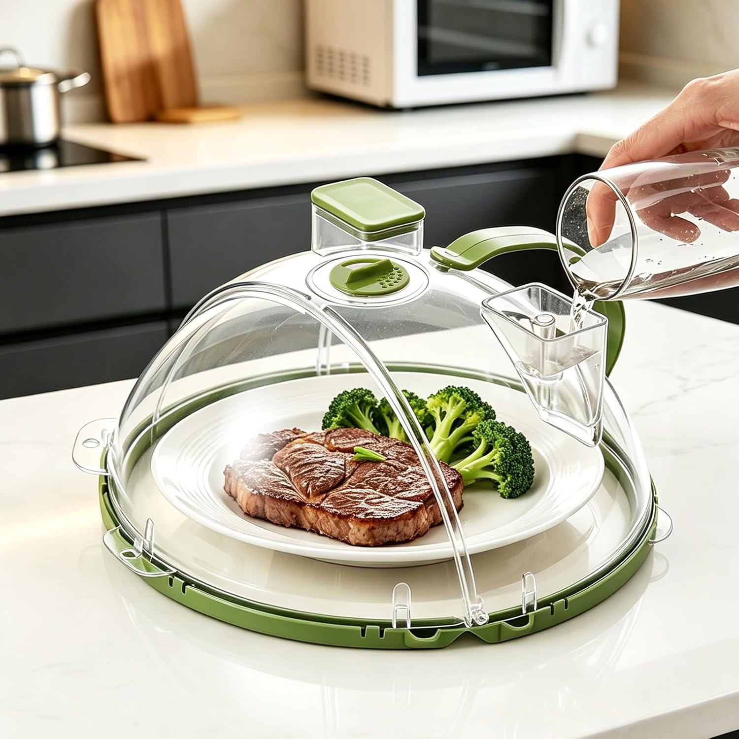 Uforu Microwave Splatter Cover With Water Steamer,Upgraded Foldable 10 Inch Microwave Cover For Food,Clear Plastic Plate Cover With Handle,Space-Saving Splatter Guard For Microwave