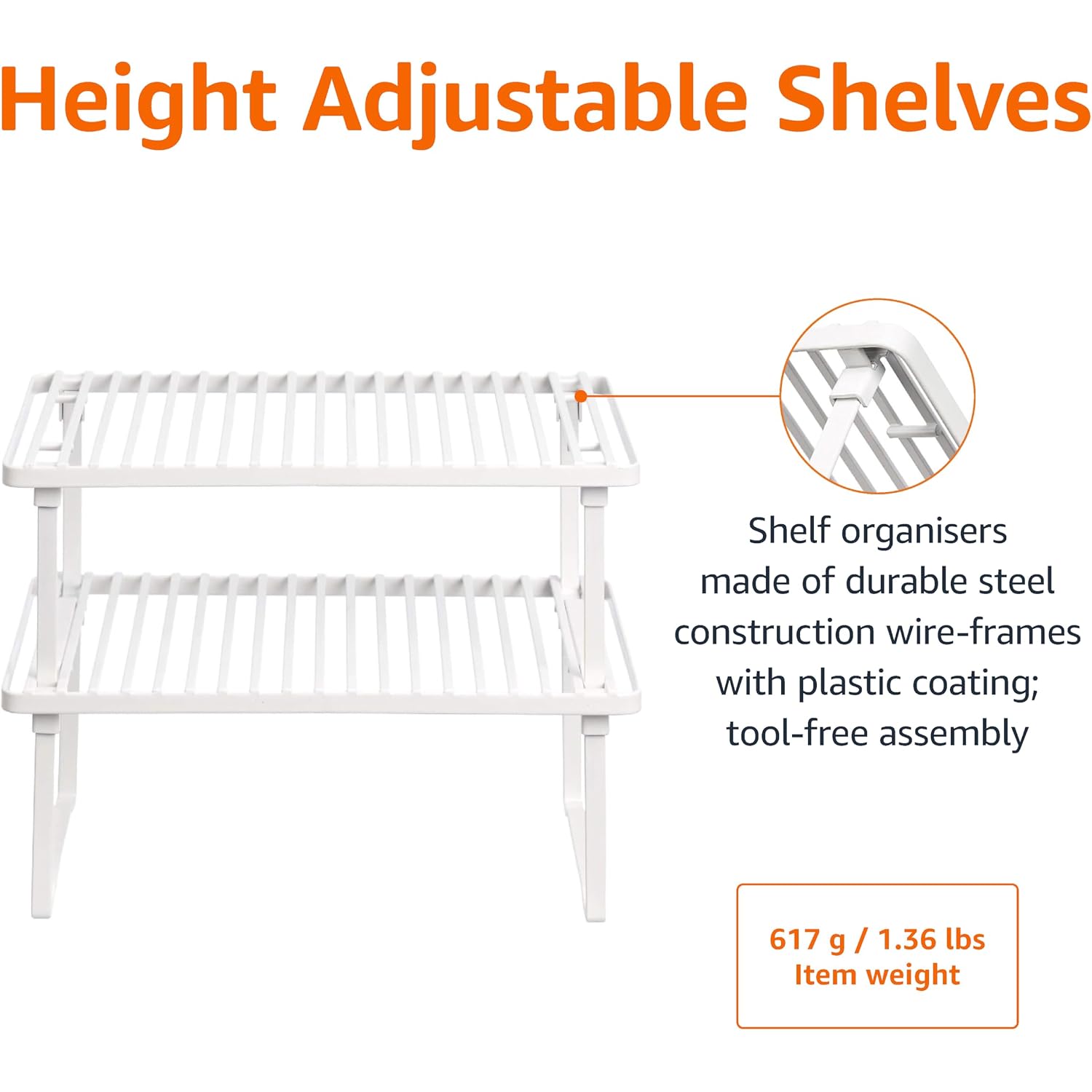 Amazon Basics Space-Saving Stackable Metal Kitchen Cabinet Organizer Shelves For Dishes, Pantry Organization, 12.5" L X 8" D X 4.5" H, Set Of 2, White