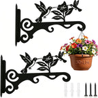 Elegant Bird Pattern Wall Hooks - 10/12/14 Inch Metal Plant Hangers For Indoor & Outdoor - Rust-Resistant Bracket For Plants, Feeders, Chimes, Lanterns (2, Black, 10 Inch)