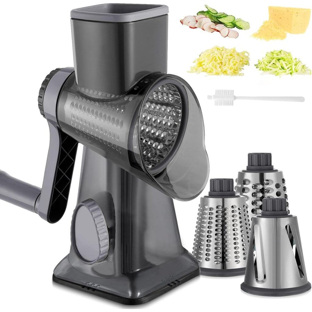 Cheese Grater Hand Crank Rotary Vegetables Shredder With Handle | 3-In-1 Graters, Interchangeable Blades, Non-Slip Base, Multifunctional Slicer