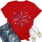 Womens American Flag Shirt USA Fireworks Patriotic Print T-Shirt 4th of July Crewneck Tee