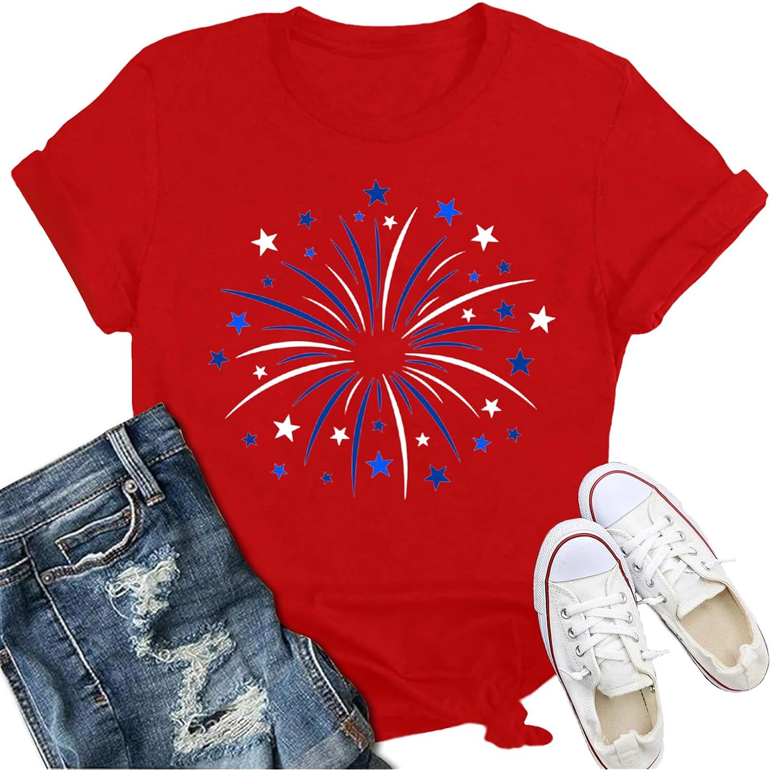 Womens American Flag Shirt USA Fireworks Patriotic Print T-Shirt 4th of July Crewneck Tee