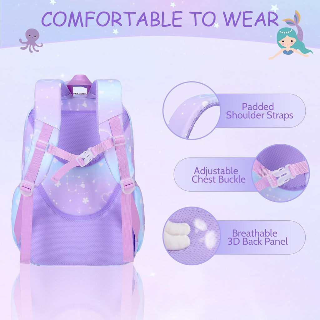 Acesak Kids School Backpack For Girls, Mermaids Bookbag Backpack With 14Oz Water Bottle, Lunch Bag Set For Girlsteens Middle Student, Girls Backpacks For School (Purple)
