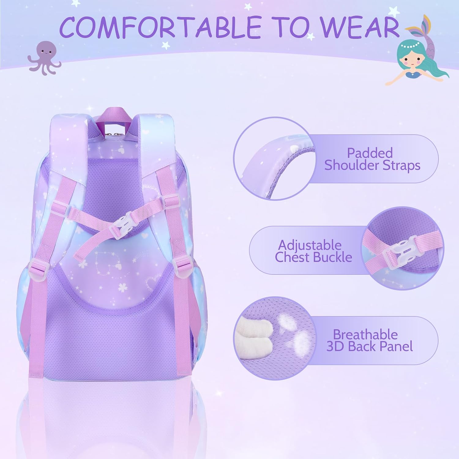 Acesak Kids School Backpack For Girls, Mermaids Bookbag Backpack With 14Oz Water Bottle, Lunch Bag Set For Girlsteens Middle Student, Girls Backpacks For School (Purple)