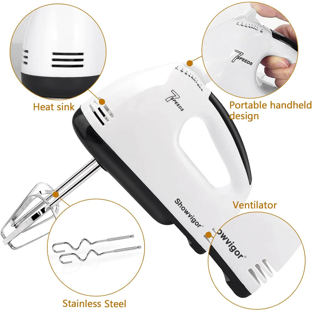 Showvigor Electric Hand mixer - 7 Adjustable Speed 180W Handheld Mixer Electric Whisk with 5 Stainless Steel Accessories, Turbo Boost/Self-Control Speed + Eject Button Food Beater for Cakes Eggs