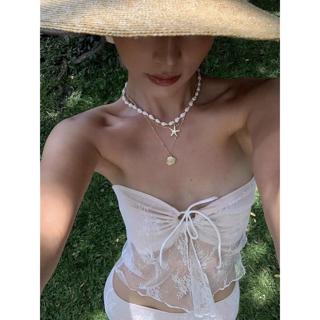 Seashell Starfish Necklace for Women Conch Shell Summer Pearl Beach 14k Gold Layered Dainty Choker