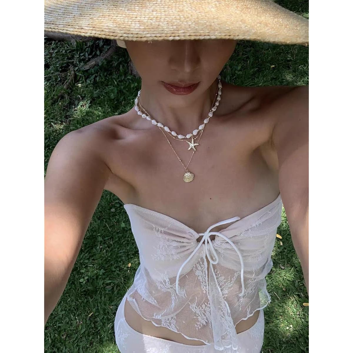 Seashell Starfish Necklace for Women Conch Shell Summer Pearl Beach 14k Gold Layered Dainty Choker