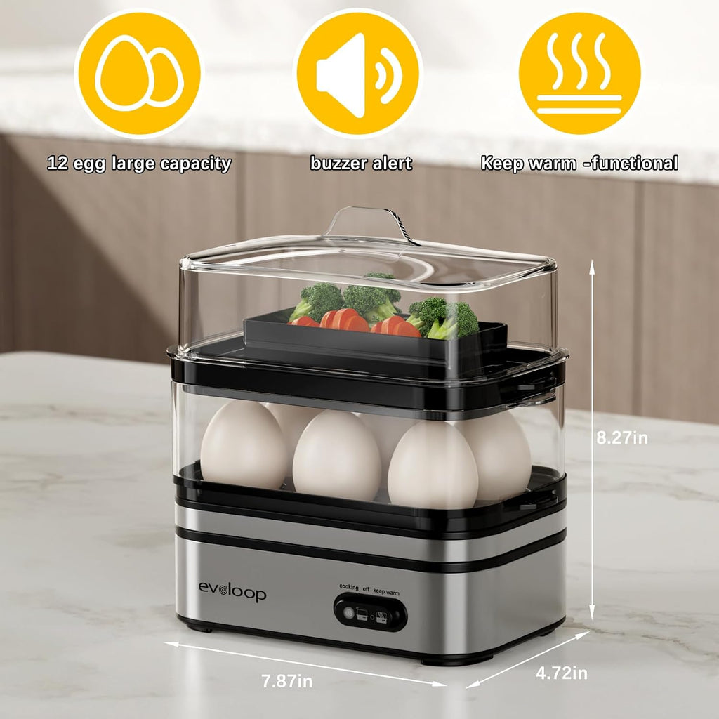 Evoloop Rapid Egg Cooker Electric 12 Eggs Capacity, Soft, Medium, Hard Boiled, Poached, Omelet Maker Egg Poacher & Vegetable Steamer, Bpa Free Tray