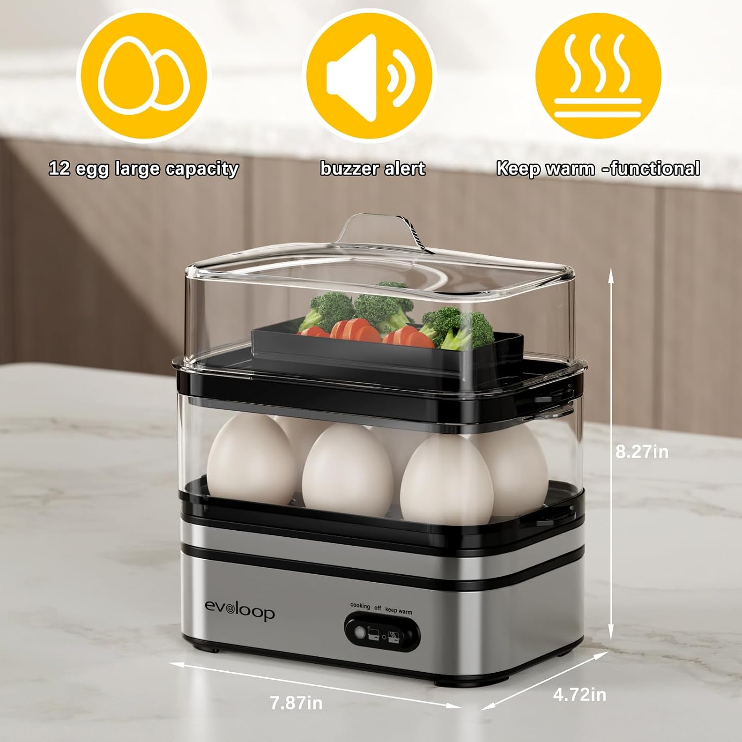 Evoloop Rapid Egg Cooker Electric 12 Eggs Capacity, Soft, Medium, Hard Boiled, Poached, Omelet Maker Egg Poacher & Vegetable Steamer, Bpa Free Tray