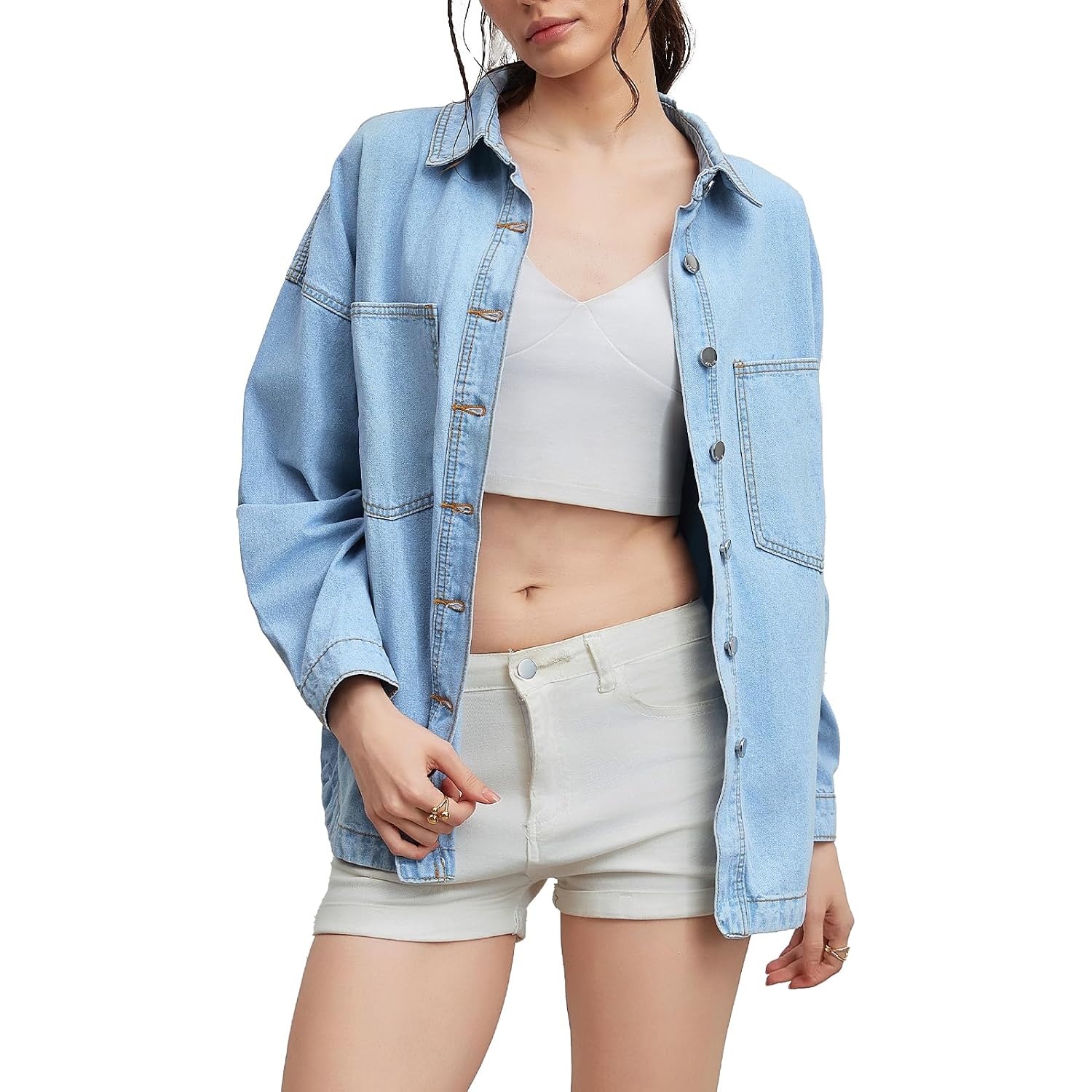 Women Denim Shirt Jean Jacket Oversize Button Down Shirt Long Sleeve Jean Tops Trendy Shackets