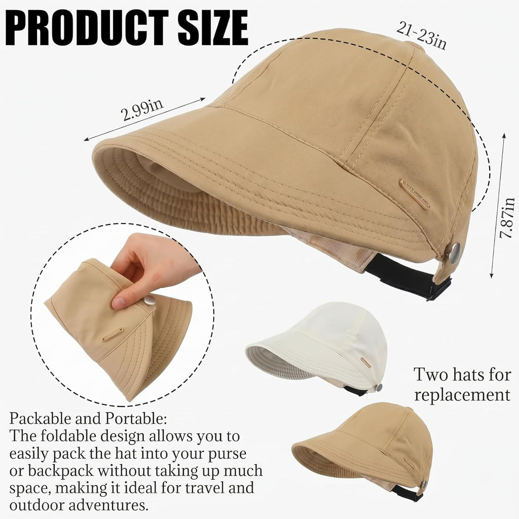 2 Pack Women Sun Hat UV Protection Hiking Fishing Hats Wide Brim Hat Adjustable Ponytail Packable Cap for Outdoor White, Khaki
