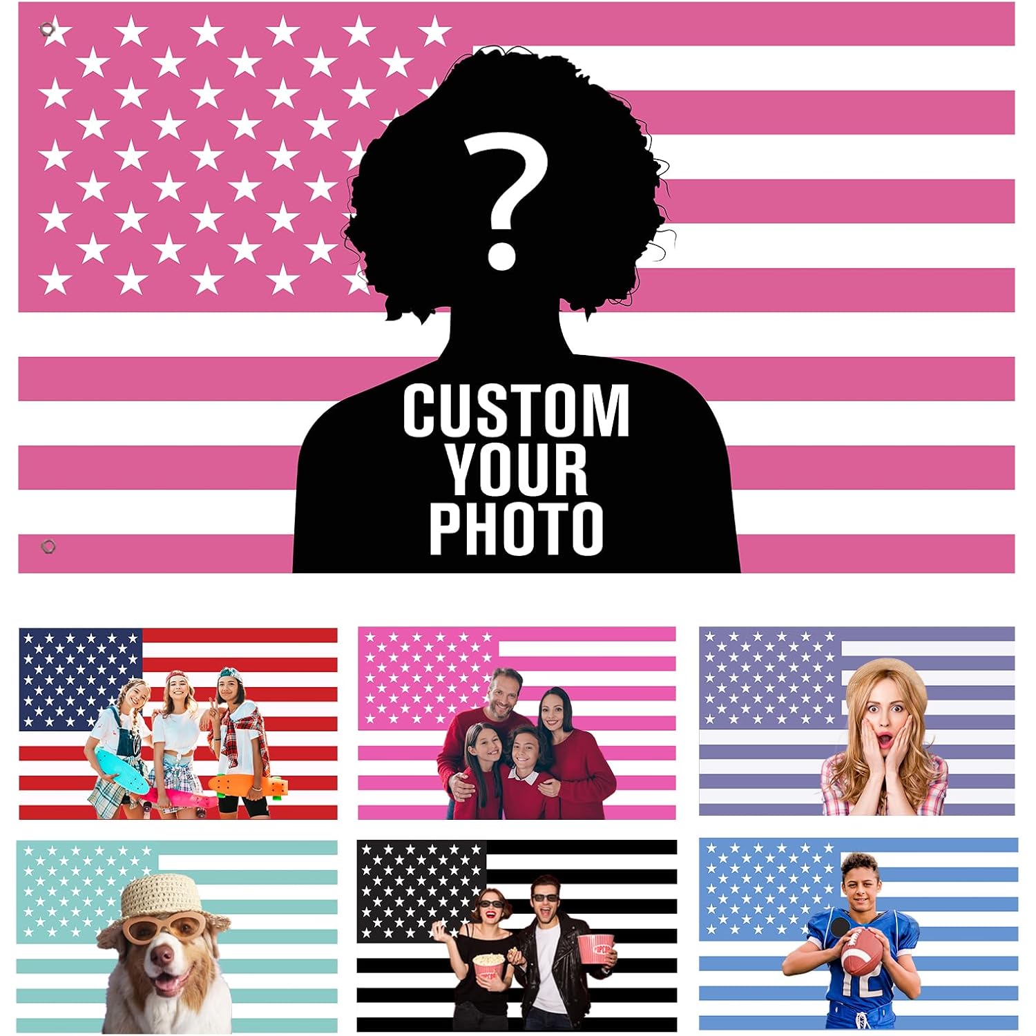 Custom Pink American Us Flag With Picture, Personalized Funny Flags With Face Image Logo Photo Text Single Sided Customized Flag Tapestry For Bedroom Dorm Room Decor Garden, 2X3 3X5 4X6 5X8 Ft
