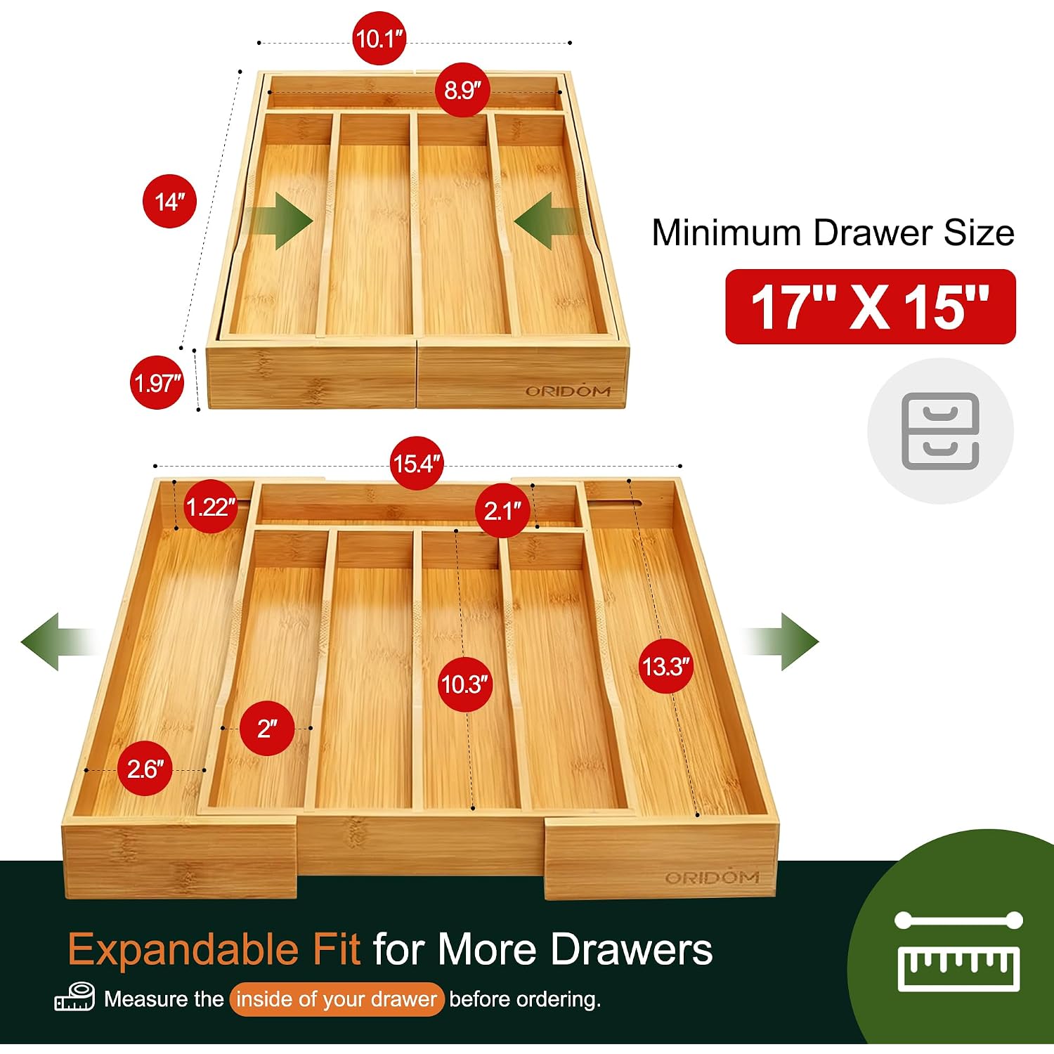 Expandable Bamboo Kitchen Drawer Organizer For Cutlery And Utensils, Adjustable Bamboo Wood Cutlery Tray In Drawer For Flatware And Silverware In Kitchen, (Natural)