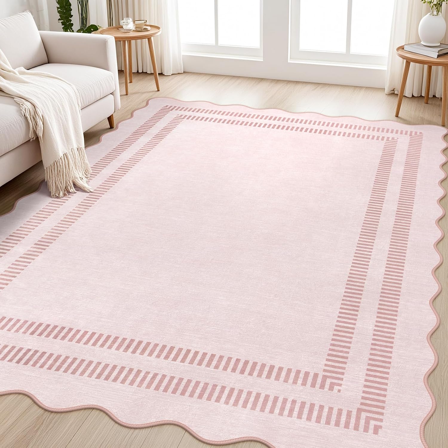 Pink Rugs For Bedroom Girls, 5X7 Washable Non Slip Area Rugs For Living Room, Soft Vintage Ultra-Thin Scalloped Carpet For Nursery Dorm Home Decor