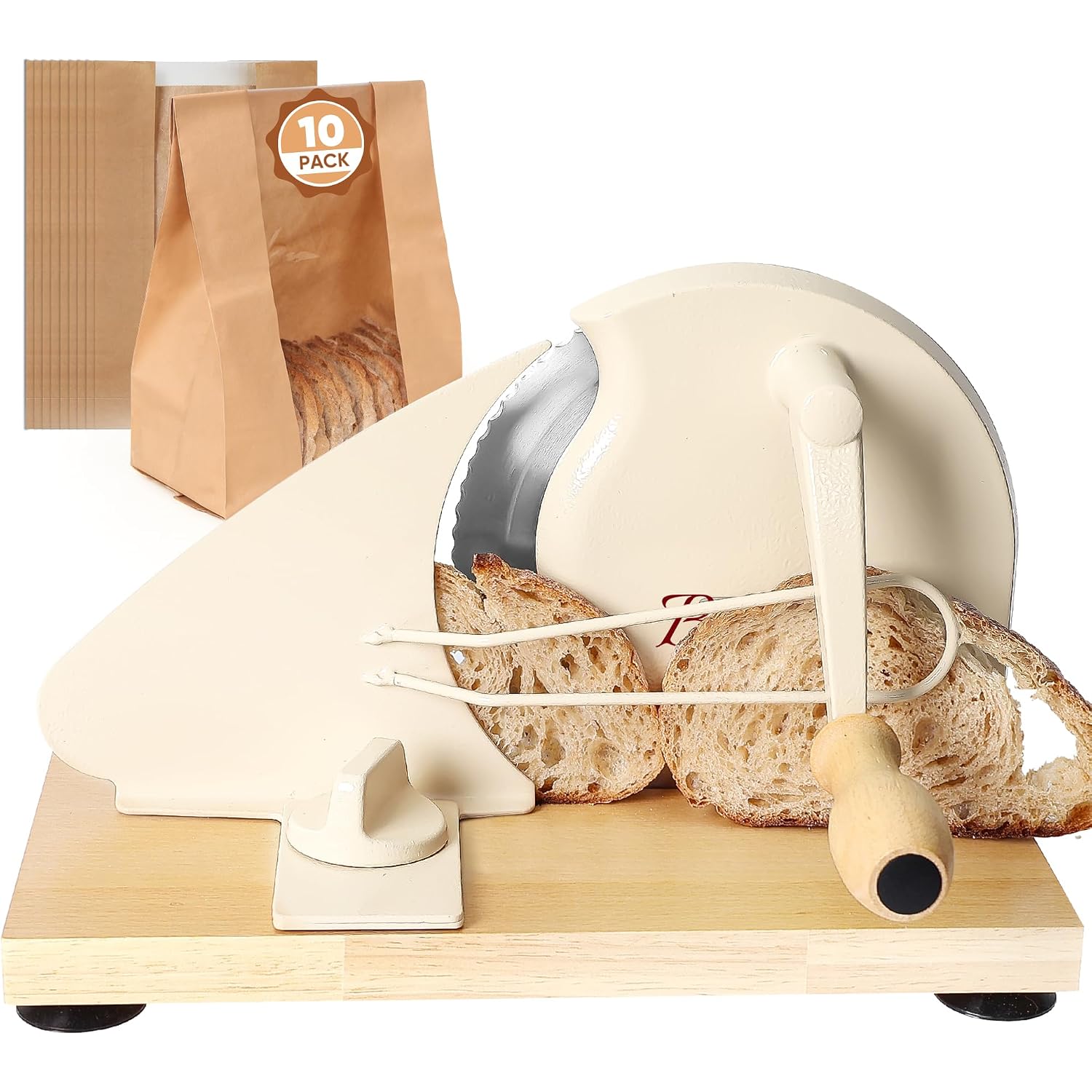 Manual Bread Slicer For Homemade Sourdough,Adjustable Thickness,Hand Crank Bread Slicer With Stainless Steel Blade, Aluminum Alloy Frame & Solid Wood Base,Comes With 10 Bread Bags