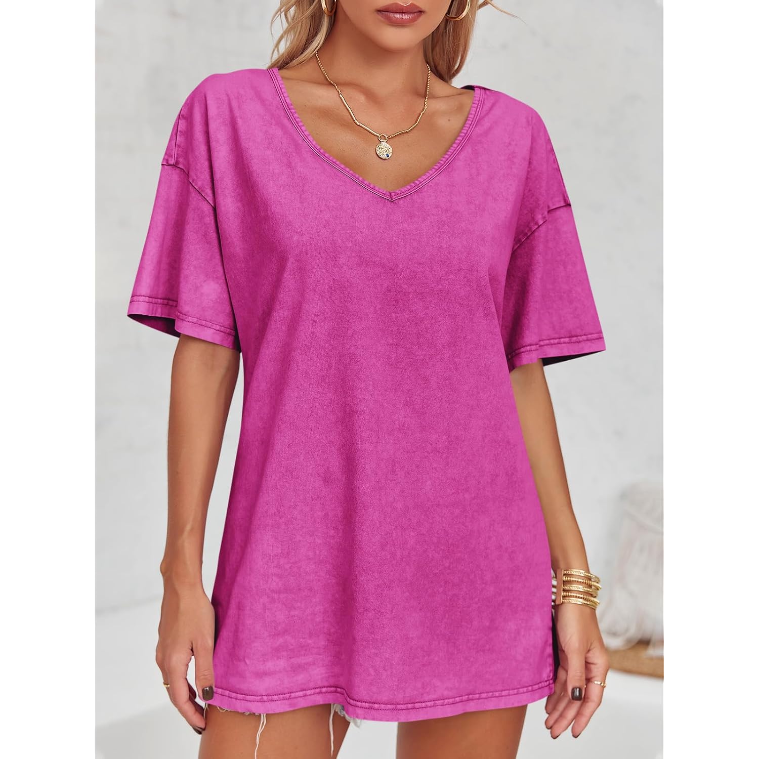 Flowyair Womens Oversized T Shirts Summer Loose Fit Cotton Short Sleeve Basic Tees Casual V Neck Boyfriend Tunic Tops