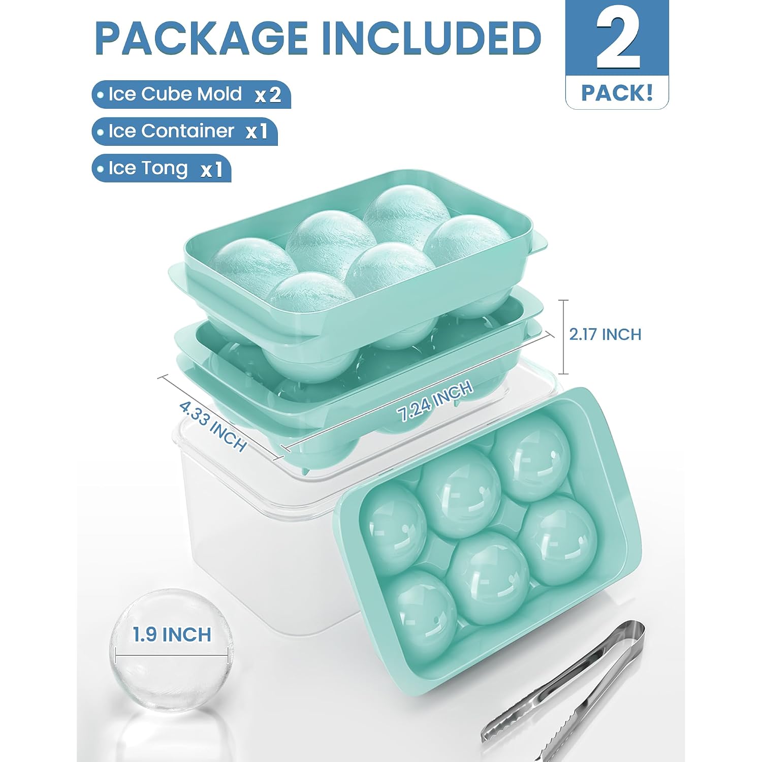 Large Ice Cube Tray For Freezer - 2 Pack Stackable Round Ice Cube Molds Set, Easy To Fill & Release With Storage Bin And Tongs For Kitchen, Party, Cocktail & Coffee, Gifts For Whiskey Lover (1.93In)