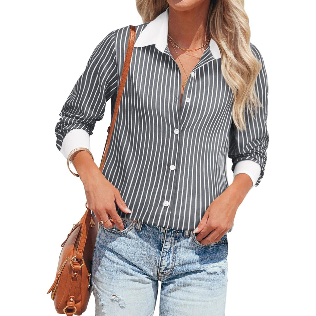 Striped Button Down Shirts for Women Cotton Dress Shirt Long Sleeve Collared Blouse Tops Business Office Attire