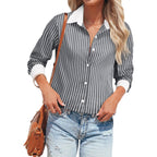 Striped Button Down Shirts for Women Cotton Dress Shirt Long Sleeve Collared Blouse Tops Business Office Attire