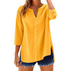 Lomon 3/4 Length Sleeve Womens Tops V Neck 3/4 Sleeve Sides Slit Button Down Shirts Cotton Linen Casual Loose Blouses